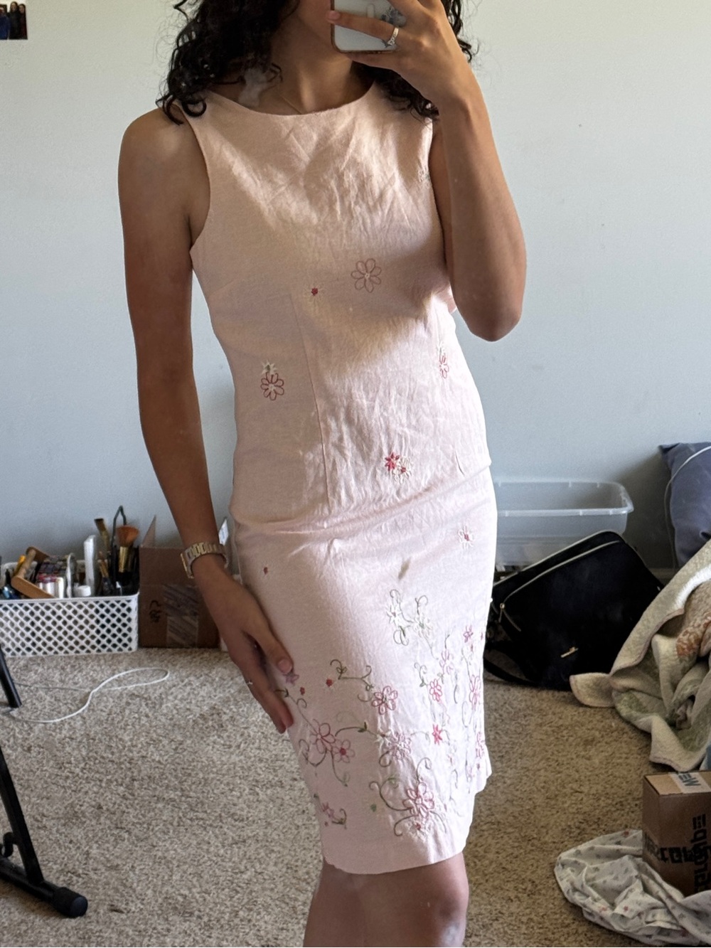 Vintage Linen Light Pink Embroidered Midi Dress - Picture 2 of 8